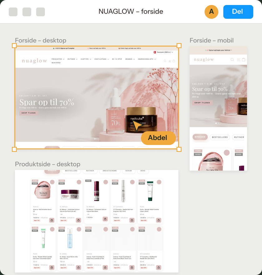 Designet af en webshops forside og produktside i Figma