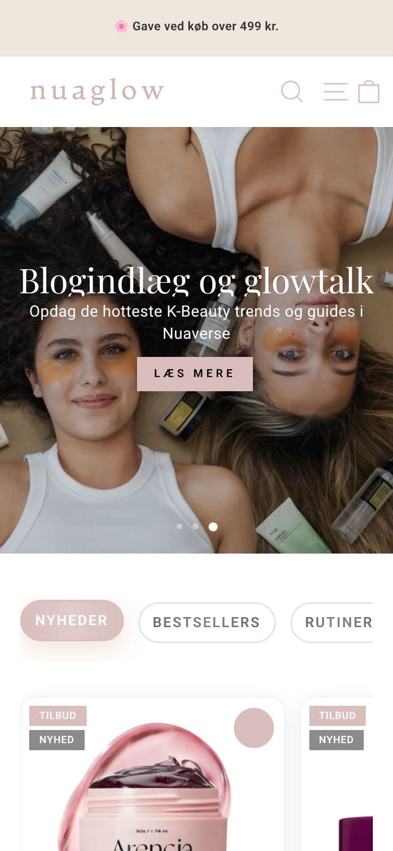 Forsiden af nuaglow.dk på en mobil